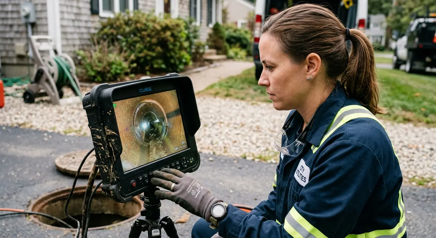 Technician reviewing sewer camera inspection footage in Lake Magdalene