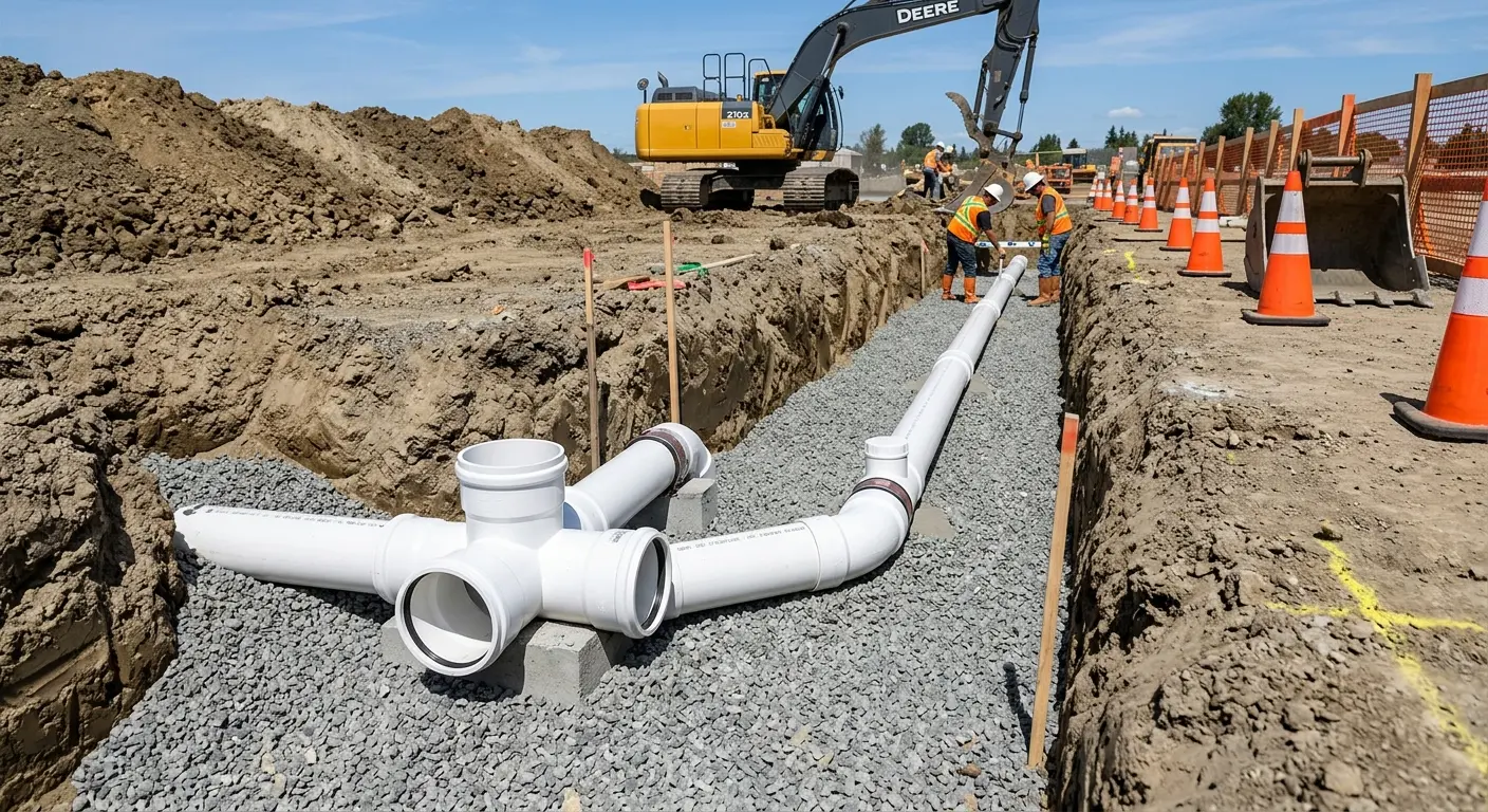 New PVC sewer pipe installation in open trench for Sewer Backup in Lake Magdalene