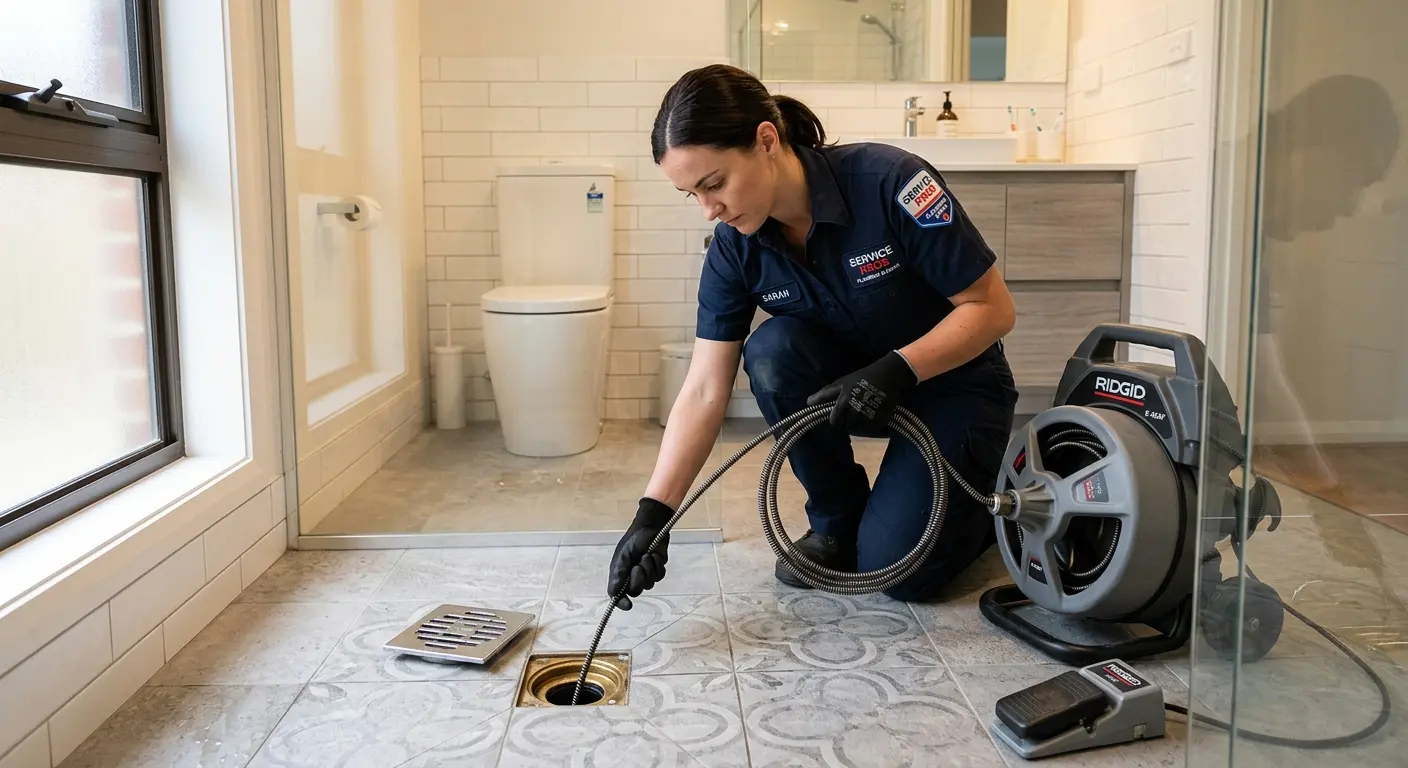 Technician clearing a bathroom floor drain for Drain Cleaning in Lake Magdalene